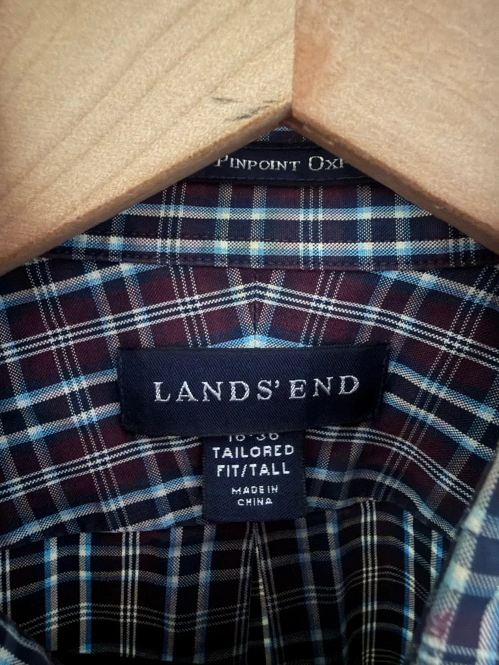 Lands' End Men's tall Plaid Button-Down Shirt with Blue Windowpane Oxford 16 - Picture 3 of 5